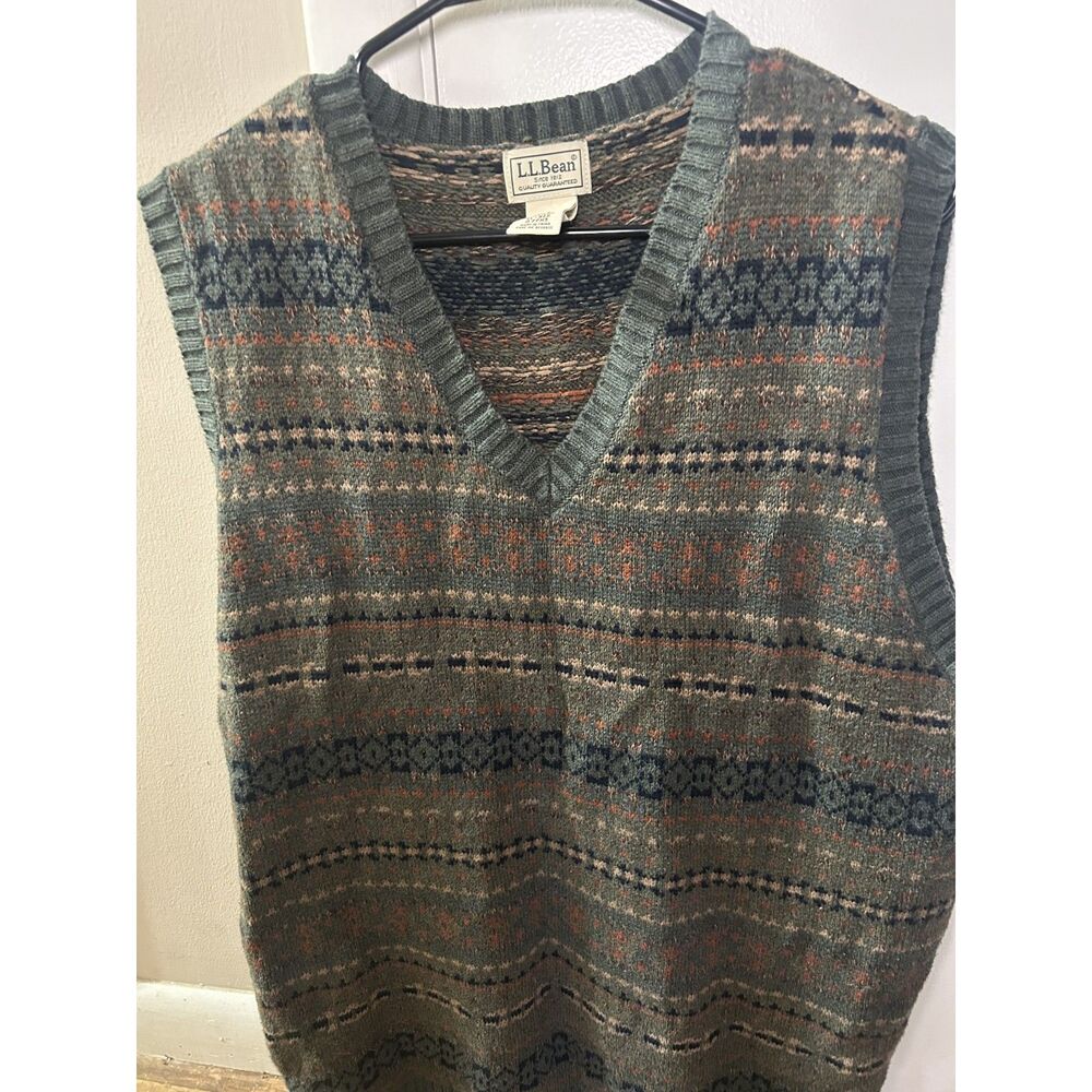 VTG L.L. Bean Fair Isle Sweater Vest Men’s XL Green Earth Tone 100% Cotton